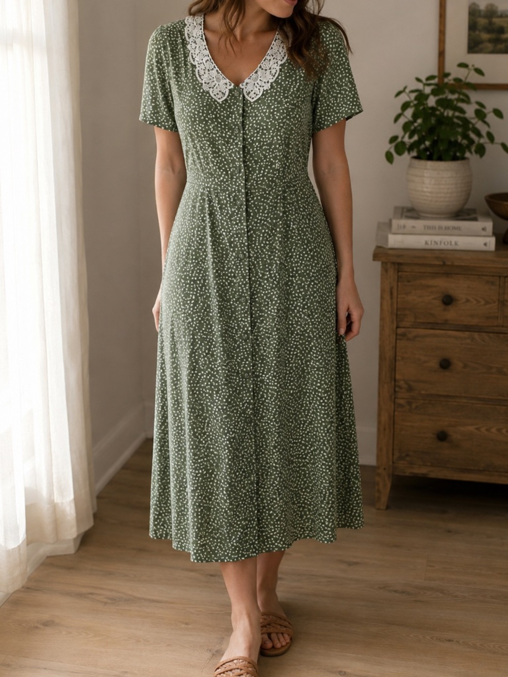 Vintage 90s Jamie Brooke NWT Prairie Floral Lace Collar Midi Dress 6